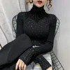 Kvinnors tröjor Autumn Winter Turtleneck Kvinnor Sparkling Diamond Tops Slim Fit Pullover Knippad tröja Jumpers tjock varm drag