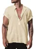 Heren Casual Shirts Zomer V-hals Korte Mouw Effen Katoen Linnen T-shirts Mannelijke Pocket Tee Tops FYY-94