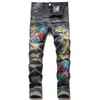 Mens jeans Designer Letter printing High quality Distressed Motorcycle biker jean Five-pointed star hole Skinny Slim tight Ripped 303H