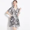 2023 Luxury Floral Printed Runway Dress Summer Fashion Short Sleeve Office Lapel Slim Elegant A-Line Pleated Women Designer Dresses Autumn Chic Party Evening Frock