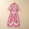 2023 Summer Red and White Porcelain Paisley Print Beaded Cotton Dress Short Sleeve Round Neck Rhinestone Midi Casual Dresses S3Q160713