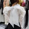 Blusas femininas transparentes sexy camisa de renda feminina malha bordada com gola laço elegante blusa curta feminina puff manga longa tops 26651