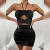 Robes Décontractées De Base D'été Halter Bretelles Robe Noir Sans Manches Découpe Moulante Sexy Dos Nu Night Club Cocktail Mini 230715