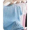 Kvinnors blusar Mulberry Silk O Neck Slim Women Summer Tops Organza Sticked Shirt Beading Luxury Short Sleeve Blue Casual Knitwear 27381