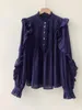 Women's Blouses Women Blouse Pleated Ruffles Lace Trim Stand Collar Long Sleeve Front Buttons Shirt Cotton Vintage