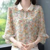 Dames Blouses Blouse Shirts Bloemen Voor Vrouwen Lente Zomer 3/4 Mouwen Chiffion Bedrukt Elegante Dame Trui Slanke Grote Maat