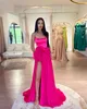 Elegant A Line Rosy Pink Prom Dresses Strapless Flower Waist Evening Gowns Pleats Slit Formal Long Special Ocn Party Dress