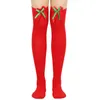 Calcetines de mujer CottvoLadies Medias a rayas Medias largas de algodón Calcetín de Navidad cálido Bola de lazo de Navidad Muslo alto sobre la rodilla