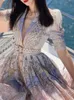 Vintage Sommer Midi Kleid für Frauen 2023 Neue Mode Kurzarm V-ausschnitt A-linie Lange Kleider Elegante Print Kleid