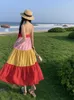 Casual Dresses Summer 2023 Women's Bow V-neck Sexy A Version Patchwork Long Dress Loose Backless Pleated Birthday Party Cake Slip Boho