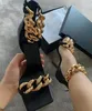 America Luxury Genuine Leather Chain High heeled sandals Gladiator Women Fine heel Top quality Fashion sexy party woman shoes Slippers big size 35-42 BOX