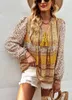 Kadın bluzları Sonbahar 2023 Zarif geometrik desen fener kolu üst gömlek bayan gevşek baskı bağcısı v Boyun kazak bluz