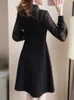 Podstawowe sukienki swobodne QWeek Black Lace Dres Vintage Elegancki kropka Mini krótki wieczór z długim rękawem 2023 Spring Fashion Oneck 230715