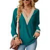 2023 Autumn Women's New Lace Stitching V -neck Loose Long -sleeved T -shirt