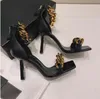 America Luxury Genuine Leather Chain High heeled sandals Gladiator Women Fine heel Top quality Fashion sexy party woman shoes Slippers big size 35-42 BOX