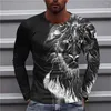 T-shirt da uomo Vintage Animal Lion Manica lunga 2023 Oversize Stampa 3d T-shirt retrò Street Fashion Maniche lunghe Casual Breakable Abbigliamento uomo