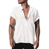 Koszulki męskie Summer V Szyja Krótki rękaw Solidny bawełniany lniane koszulki męskie kieszonkowe wierzchołki Fyy-94