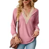 2023 Autumn Women's New Lace Stitching V -neck Loose Long -sleeved T -shirt