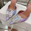 Amina Muaddi Begum 10cm Stileetto Heels Pumps Shoes Crystal-Embellished Buckle PVC Spool Heels Sandals女性の豪華なデザイナードレスシュー