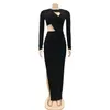 Basic Casual Dresses Elegant Glitter Solid Ruched Long Women Dress Sexy Cut Out O Neck Sleeve High Slit Evening Club Party Robe Christmas 230715