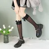 Women Socks JK Korean Lace Ruffle Long Tube Sock Summer Mesh Thin Black White Girl Knee High Sweet Bow Female Calf Stockings Underwear