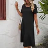 Freizeitkleider Damen T-Shirt-Kleid Stilvolle Damen knielang Sommer Loose Fit O-Ausschnitt Kurzarm Einfarbig mit Taschen Streetwear