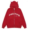 Men's Hoodies 2023 Men Hoodie Devil Horn Letter Printed Zip Up Hooded Sweatshirt Jacket Harajuku Vintage Streetwear Loose Halloween