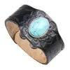 Vintage Men's Genuine Leather Cuff Width Bracelets Embossed Bangle With Turquoise Skull For Women Male Black Brown Gifts