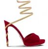 Summer Luxry Women Margot Red Velvet Sandal Shoes Renecaovilla Crystal strappy يلف حول الكعب في الكاحل سيدة حفل زفاف ثوب عالي الكعب EU35-43