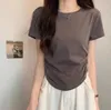 女性用Tシャツ夏のソリッドカラースリムフィット100マッチ右ショルダー半袖TシャツレギンスO-Collar Top Pure Cotton