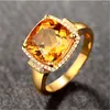 Cluster Rings Luxury Square Citrine Gemstones Diamonds For Women Femme 18K Gold Color Big Crystal Precious Anillos Jewely Bague Bijoux