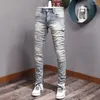 Jeans da uomo Streetwear Moda Uomo Retro Grigio chiaro Blu Elastico Slim Fit Strappato Designer vintage Pantaloni casual in denim Hombre