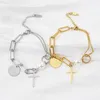 Link armbanden 316L roestvrij staal gepersonaliseerde asymmetrische ketting kruis hanger metalen zoete koele parel armband voor vrouwen sieraden