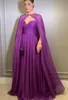 Elegant Long Purple Evening Dress Chiffon Floor Length Formal Prom Party Gown Pleats Galadress Vestidos Women Dresses With Cape