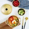 Bowls Golden Korean Noodle Pot With Cover Double Handle For Cook Instant Noodles And Ramen Over Quick Heating