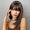Synthetic Wigs HENRY MARGU Dark Brown Medium Long Bob Synthetic Wigs with Bangs Layered Hair Natural Straight Wigs for Women High Temperature 230715