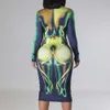 Grundläggande avslappnade klänningar Autumn Sexig tryck Slim Dress Tight Stretchy Women's Long Sleeve Round Neck Body Shaping Robe High Streetwear 230715