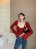 Kadın Sweaters Seksi Sueter Mujer Moda Kırmızı Kırpılmış Külot Giyim Kare Kare Uzun Kollu Tunik Jumper Örme Y2K Sweater Tops