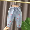 Spring Kids Girl's Clothes Baby Elastic Band Straight-Ben Love Jeans Pants for Girls 'Baby Clothing Outter Wear Denim Byxor