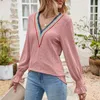 Blouses pour femmes bureau dame col en V plissé haut à manches bulle 2023 printemps automne couleur unie décontracté longues chemises mode Camisas en vrac