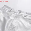 Kjolar fp att älska franska silver pu mini metallisk sexig hög midja höft kjol chic retro kort en linje metall 230715