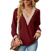 2023 Autumn Women's New Lace Stitching V -neck Loose Long -sleeved T -shirt