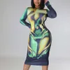 Grundlegende Freizeitkleider Herbst Sexy Print Schlankes Kleid Enges, dehnbares Damen-Langarm-Rundhals-Körperformungsgewand Hohe Streetwear 230715