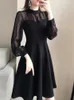 Podstawowe sukienki swobodne QWeek Black Lace Dres Vintage Elegancki kropka Mini krótki wieczór z długim rękawem 2023 Spring Fashion Oneck 230715