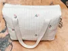 Diaper Bags Cute Bear Flower Embroidery Pattern Baby Beige Cotton Fabric Zipper Diaper Handbag Luggage Bag 230715