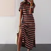 Casual Dresses Women Summer Dress Side Split V Neck Short Sleeves Striped Slim Fit Mid-calf Length Female Women's Clothing