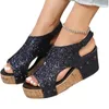 Sandaler Summer Black/Blue/Golden Sequined Wedges Non-halp Bekväm strandskor gåva till födelsedag