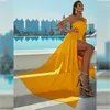 Party Dresses One Shoulder Wrap Hem Satin Dress Evening Women Sleeveless Floor Lenght Bodycon Backless Maxi Prom Yellow