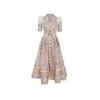 Vintage Sommer Midi Kleid für Frauen 2023 Neue Mode Kurzarm V-ausschnitt A-linie Lange Kleider Elegante Print Kleid