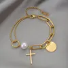 Link bransoletki 316L ze stali nierdzewnej spersonalizowana asymetryczna łańcuchowa łańcuch cross metalowa brześniczka słodka fajna perła bransoletka dla kobiet biżuteria
